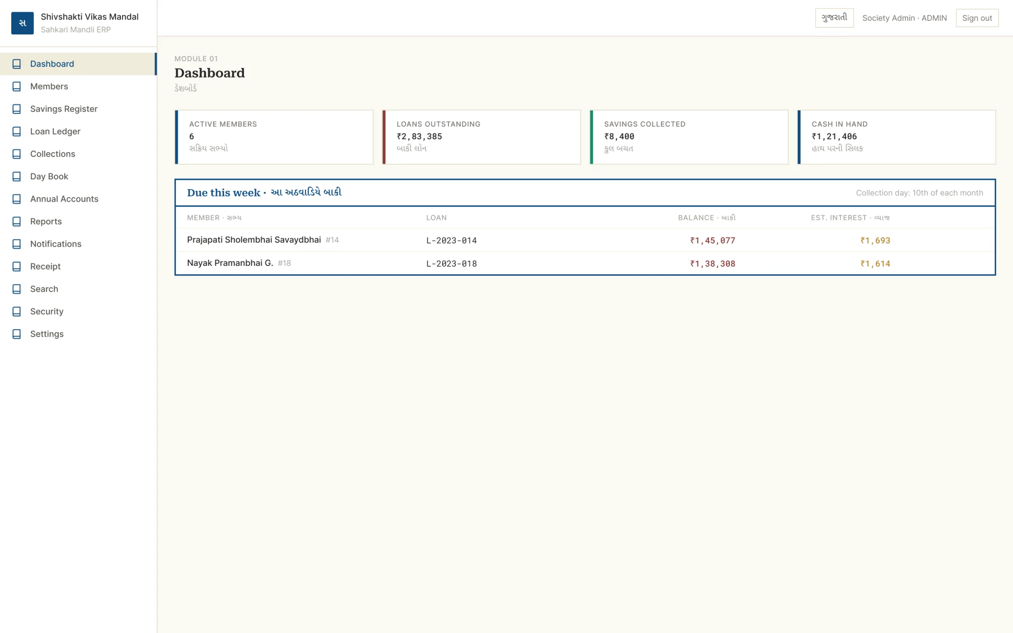 Sahakari Mandali ERP dashboard with bilingual Gujarati and English labels